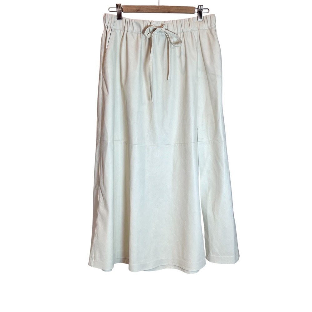 Brochu Walker‎ Vegan Leather Midi Skirt Cream Elastic Waist Drawstring Large
